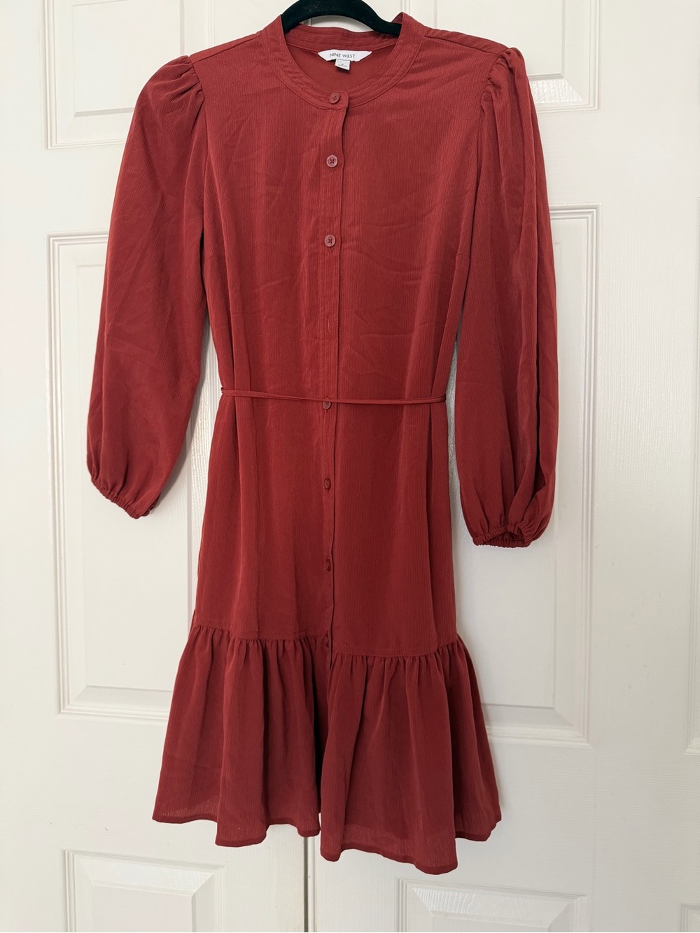 Nine West Rust Red Button-Front Mini Dress with Ruffle Hem